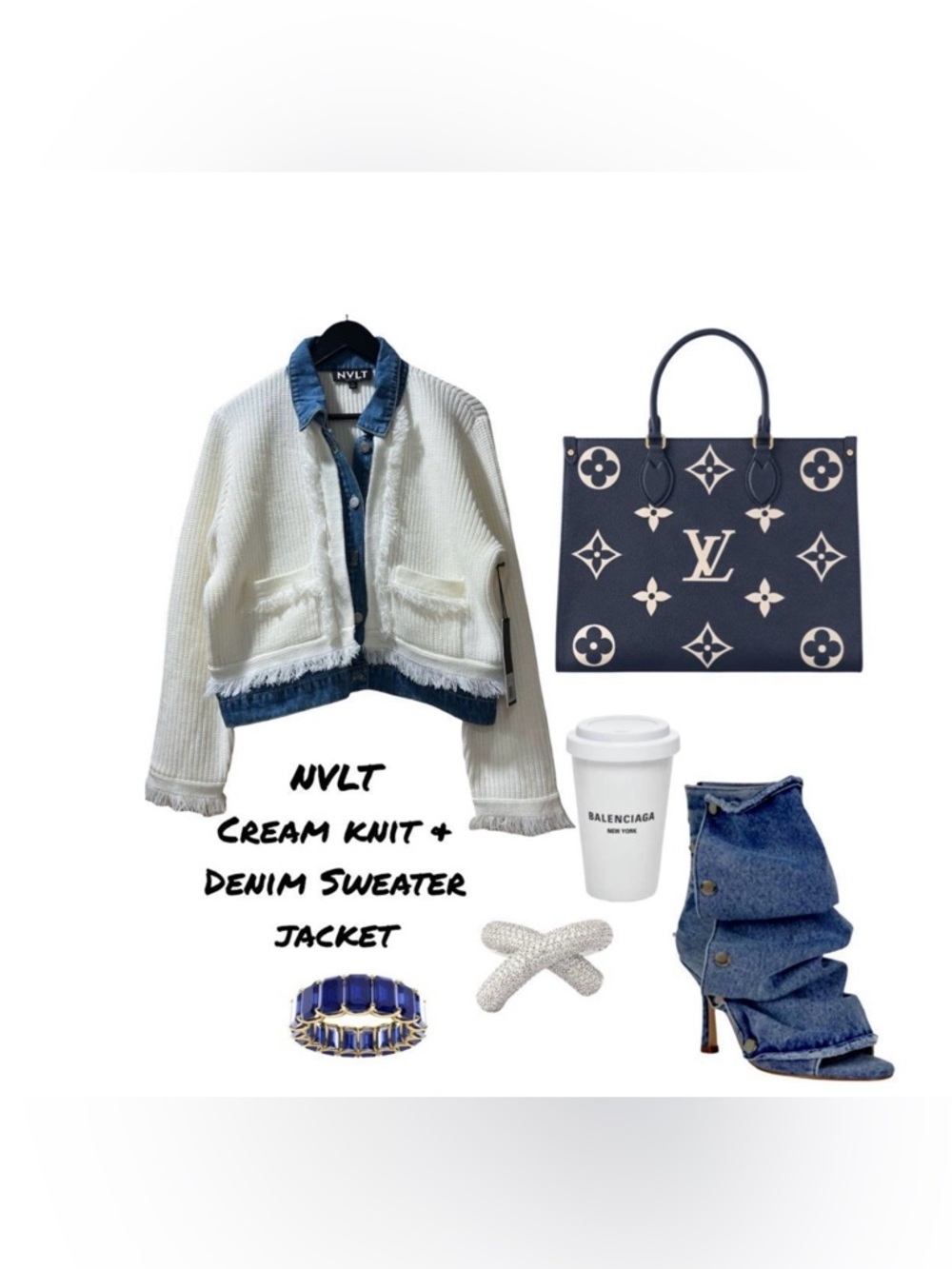 NVLT Cream & Knit Sweater Jacket with Denim Trim NWT
